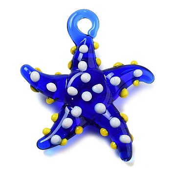 Handmade Lampwork Pendants, Starfish, Blue, 34~40x31~36.5x6~9mm, Hole: 3~7mm