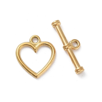 Ion Plating(IP) 304 Stainless Steel Toggle Clasps, Heart, Real 18K Gold Plated, 14x12.5x1.5mm, Hole: 1.5mm