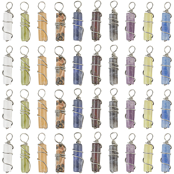 40Pcs 10 Styles Natural Mixed Gemstone Pendants, Column Charms with Eco-Friendly Platinum Plated Brass Wire Wrapped, 19.5~20x5~5.5mm, Hole: 2.4~2.7mm, 4pcs/style