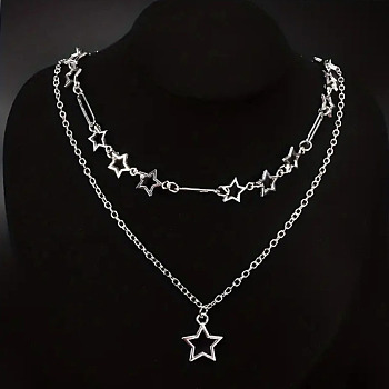 Star Alloy Pendant Double Layer Necklaces for Women, Platinum, 15.75~17.72 inch(40~45cm), 2pcs/set