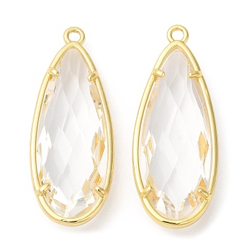 Transparent Resin Pendants, Faceted Teardrop Charms with Rack Plating Real 18K Gold Plated Brass Findings, Cadmium Free & Lead Free, Long-Lasting Plated, Clear, 36.5x14x7.5mm, Hole: 1.8mm