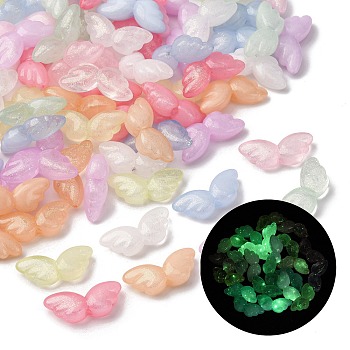 Luminous Transparent Acrylic Beads, Wing, with Glitter Powder, Glow in the Dark, Mixed Color, 9x22x6.5mm, Hole: 2mm