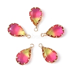 5Pcs Transparent Glass Charms, Teardrop, with Golden Brass Findings, Two Tone, Faceted, Camellia, 18x10x5mm, Hole: 2mm(GLAA-YW0004-57H)