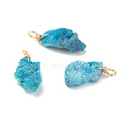 Natural Crystal Agate Pendants, with Golden Tone Copper Findings, Druzy, Dyed, Nuggets, Dark Turquoise, 13~32x7~17x6~13mm, Hole: 3mm(PALLOY-JF01366-01)
