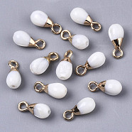 Natural Freshwater Shell Charms, with Light Gold Plated Brass Loop and Half Drilled Hole, Teardrop, Creamy White, 11x5mm, Hole: 1.8mm, Half Hole: 1mm(SHEL-N026-45)
