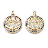 Brass Micro Pave Colorful Cubic Zirconia Pendants, Nickel Free, Flat Round, Real 18K Gold Plated, 23x20.5x2mm, Jump Ring: 5x1mm, 3mm(ZIRC-N039-181-NF)