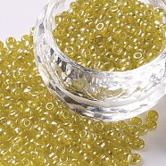 Glass Seed Beads, Trans. Colours Lustered, Round, Yellow, 3mm, Hole: 1mm, about 2222pcs/100g(X1-SEED-A006-3mm-110)