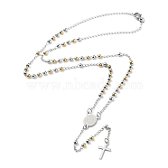 202 Stainless Steel Rosary Bead Necklaces, Cross Pendant Necklaces, Stainless Steel Color, 19-3/4 inch(50cm)(NJEW-D060-01D-GP)