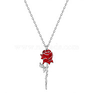 SHEGRACE Rose Rhodium Plated 925 Sterling Silver Pendant Necklaces, with Epoxy Resin and Cable Chains, Platinum, Red, 17.32inch(44cm)(JN994C)