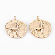 Brass Pendants, Nickel Free, Flat Round with Horse, Real 18K Gold Plated, 19x17x2.5mm, Hole: 1.5mm(X-KK-S356-528-NF)
