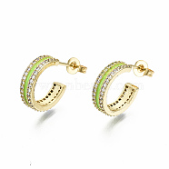 Semicircular Brass Micro Pave Clear Cubic Zirconia Half Hoop Earrings, Stud Earrings, with Enamel and Ear Nuts, Nickel Free, Real 16K Gold Plated, Green Yellow, 14.5x4mm, Pin: 0.8mm(EJEW-T046-21D-NF)
