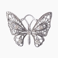 Tibetan Style Alloy Rhinestone Big Pendants, Butterfly, Crystal, Antique Silver, 45x58x4.5mm, Hole: 2.5mm and 9x9mm(PALLOY-E478-01AS)