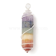 7 Chakra Gemstone Double Terminal Pointed Pendants, Copper Wire Wrapped Gems Faceted Bullet Charms, Silver, 49x12x13mm, Hole: 3.7mm(PALLOY-TA00057-03)