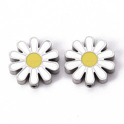 304 Stainless Steel Enamel Beads, Daisy, White, Stainless Steel Color, 17x17x3.5mm, Hole: 1.6mm(X-STAS-T052-15P)