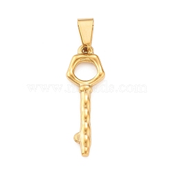 Ion Plating(IP) 304 Stainless Steel Pendants, Key Charm, Golden, 35x11.5x3mm, Hole: 4x8mm(STAS-F288-15G)