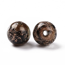 Handmade Gold Sand Lampwork Beads, Round, Coconut Brown, 14.5x13.5~14mm, Hole: 1.6~2mm(LAMP-C004-02E)