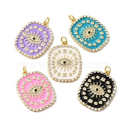 Rack Plating Brass Pave Cubic Zirconia Enamel Pendants, with Jump Ring, Lead Free & Cadmium Free, Real 18K Gold Plated, Long-Lasting Plated, Rectangle with Eye Pattern Charm, Mixed Color, 26x20x2.5mm, Hole: 3.4mm(KK-O142-57G)