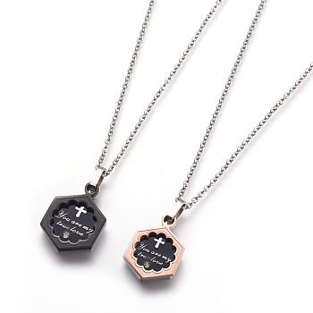304 Stainless Steel Pendant Necklaces, with Cubic Zirconia, Hexagon with Word, Mixed Color, 20.07 inch(51cm)
