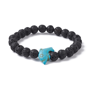 Natural Lava Rock & Synthetic Turquoise Dolphin Beaded Stretch Bracelets, Inner Diameter: 2-1/4 inch(5.8cm)