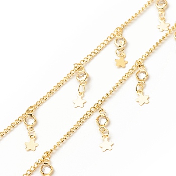 Brass Curb Chains, with Star and Clear Glass Flat Round Charms, Long-Lasting Plated, Soldered, with Spool, Golden, 3.5x2x0.2mm