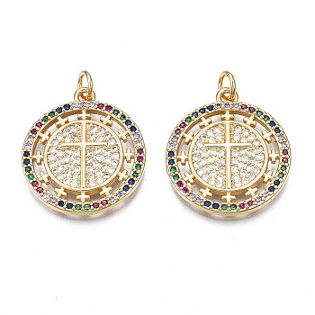 Brass Micro Pave Colorful Cubic Zirconia Pendants, Nickel Free, Flat Round, Real 18K Gold Plated, 23x20.5x2mm, Jump Ring: 5x1mm, 3mm
