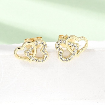 Brass Micro Pave Cubic Zirconia Stud Earrings, Double Heart, Golden, 9x12mm