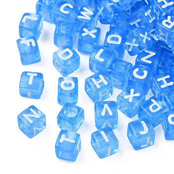 Transparent Acrylic Beads, Cube with White Random Mixed Letters, Deep Sky Blue, 6x6x6mm, Hole: 3.5mm