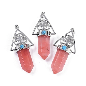 Cherry Quartz Glass Faceted Pointed Bullet Big Pendants, Rack Plating Brass Tree of Life Triangle Charms, Platinum, Lead Free & Cadmium Free, 56~57x26.5~27x16.5~17mm, Hole: 6x4mm