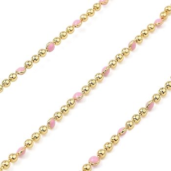 Brass Ball Chains, with Enamel, Soldered, with Spool, Real 18K Gold PlatedPlated, Pink, 2.5x2mm