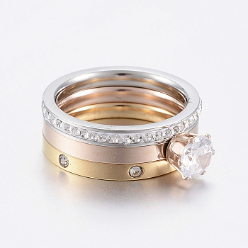 304 Stainless Steel Stackable Finger Ring Sets, with Cubic Zirconia and Polymer Clay Rhinestone, Crystal, Mixed Color, Size 8, 18mm, 3pcs/set