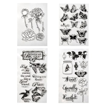 8 Sheets 4 Styles Clear Silicone Stamps, for DIY Scrapbooking, Photo Album Decorative, Cards Making, Bird & Flower & Leaf & Word, Butterfly Pattern, 16x11x0.3cm, 2 sheets/style