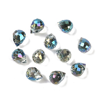 Electroplate Glass Beads, Rainbow Plated, Faceted, Teardrop, Teal, 8x6mm, Hole: 1mm