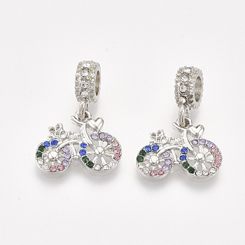 Alloy European Dangle Charms, with Rhinestone, Large Hole Pendants, Bicycle, Platinum, Colorful, 24mm, Hole: 4.5mm