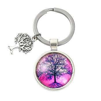 Alloy Glass Keychains, with 304 Stainless Steel Keychain Clasps, Flat Round, Fuchsia, 6.2cm