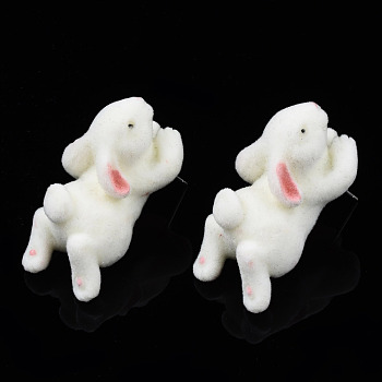 Resin Rabbit Stud Earrings with 925 Sterling Silver Pins, Flocky Animal Earrings for Women, Pink, 34.5x17mm, Pin: 0.7mm