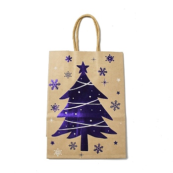 Christmas Theme Blue Printed Kraft Paper Tote Bags with Handles, Rectangle Heavy Duty Storage Shopping Bags, Christmas Tree, 20.7x15x8.2cm