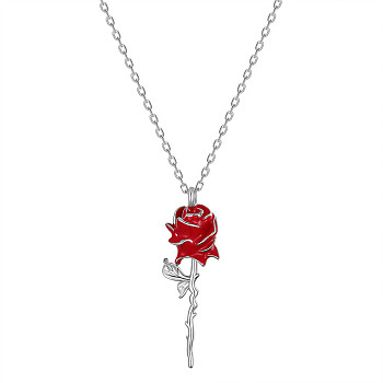 SHEGRACE Rose Rhodium Plated 925 Sterling Silver Pendant Necklaces, with Epoxy Resin and Cable Chains, Platinum, Red, 17.32inch(44cm)
