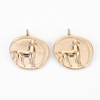 Brass Pendants, Nickel Free, Flat Round with Horse, Real 18K Gold Plated, 19x17x2.5mm, Hole: 1.5mm
