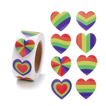 Colorful Paper Gift Tag Stickers, with Rainbow Strip Adhesive Labels Roll Stickers, for Party, Decorative Presents, Heart Pattern, 2.5x2.5x0.01cm
