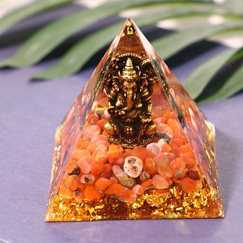 Orgonite Pyramid Resin Energy Generators, Reiki Natural Red Agate Chips Inside for Home Office Desk Decoration, Orange Red, 60x60x60mm