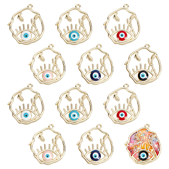 Nbeads 12Pcs 6 Colors Rack Plating Alloy Enamel Pendants, Cadmium Free & Nickel Free & Lead Free, Oval with Eye, Light Gold, Mixed Color, 36x32x3mm, Hole: 1.8mm, 2pcs/color