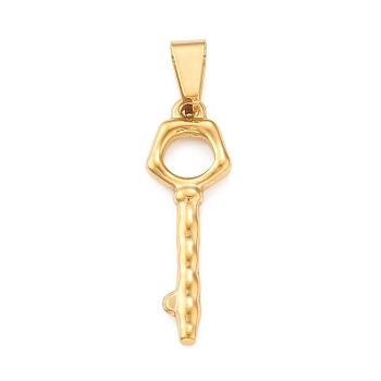 Ion Plating(IP) 304 Stainless Steel Pendants, Key Charm, Golden, 35x11.5x3mm, Hole: 4x8mm