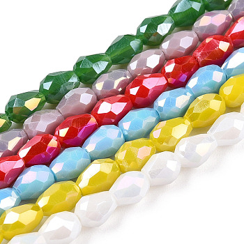 Electroplate Glass Beads Strands, Imitation Jade Beads, Faceted, teardrop, Mixed Color, 6x4mm, Hole: 1mm, 72pcs/strand, 15 inch