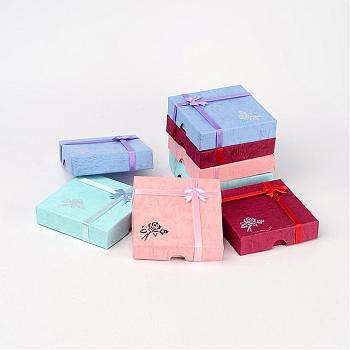 Cardboard Bracelet Boxes with Flower, Sponge and Fabric inside, Square, Mixed-Color, about 9cm long, 9cm wide, 2cm thick