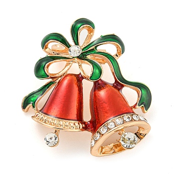 Christmas Theme Golden Zinc Alloy with Rhinestone Brooches, Enamel Pins, Christmas Bell, 33x30.5x8mm