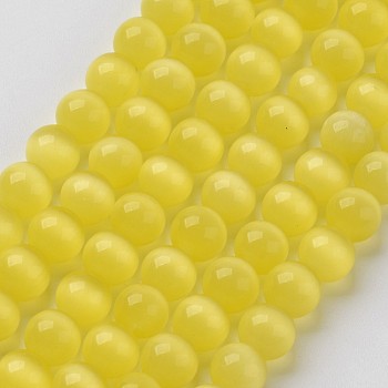 Cat Eye Beads, Round, Yellow, 10mm, Hole: 0.8mm, about 39pcs/strand, 15 inch