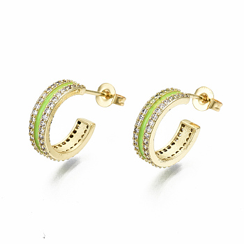 Semicircular Brass Micro Pave Clear Cubic Zirconia Half Hoop Earrings, Stud Earrings, with Enamel and Ear Nuts, Nickel Free, Real 16K Gold Plated, Green Yellow, 14.5x4mm, Pin: 0.8mm