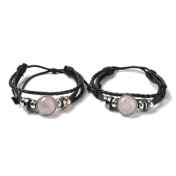 Natural Natural Rose Quartz Multi-strand Bracelets, Adjustable PU Leather Braided Cord Bracelets for Unisex, Inner Diameter: 2-3/8~2-7/8 inch(5.9~7.3cm)