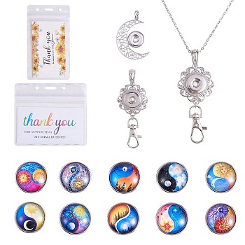 DIY Interchangable Pendant ID Card Holder Necklace Making Kit, Including Glass Snap Cabochon, Crescent Moon Alloy Snap Base Settings, 304 Stainless Steel Cable Chains Necklaces, Yin Yang Pattern, Snap Base Pendant: 55x44x5mm, Hole: 4x7mm