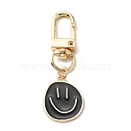 Smiling Face Enamel Pendant Decorations, with Light Gold Tone Alloy Clasp, Flat Round, Black, 59.6mm, Smiling Face: 24.5x19.5x1mm(KEYC-WH0036-08LG-07)